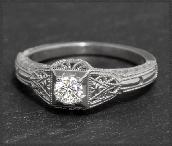 Art Deco Design Brillant Ring, 0,34ct Solitär, 585 Gold